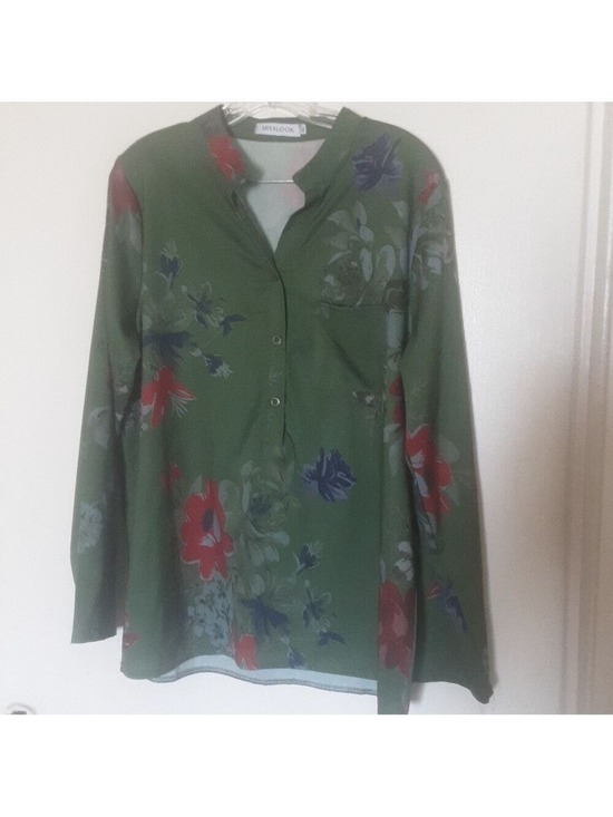 MISSLOOK Tops - #0080 - MISSLOOK Olive Green Floral Button-Front Blouse with Red & Blue Accents